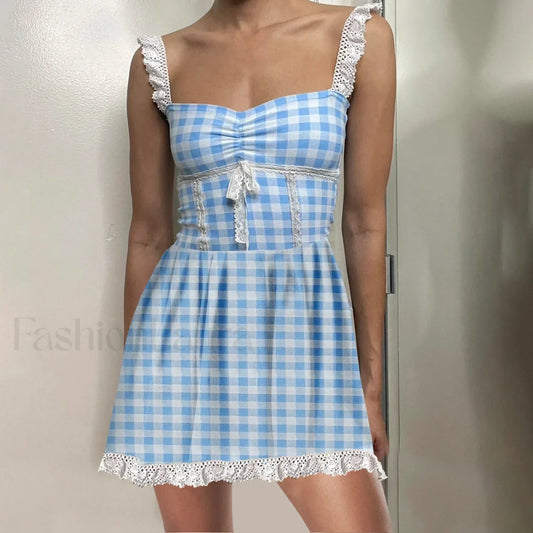 Blue Gingham Babydoll Mini Dress
