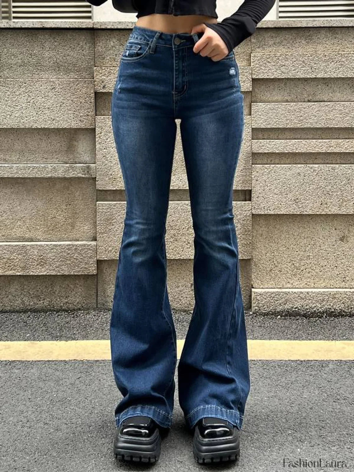 Blue Wash Distressed Stretch Flare Jeans