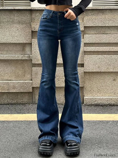 Blue Wash Distressed Stretch Flare Jeans