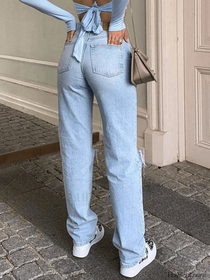 Blue Wash Straight Leg Knee Ripped Jeans