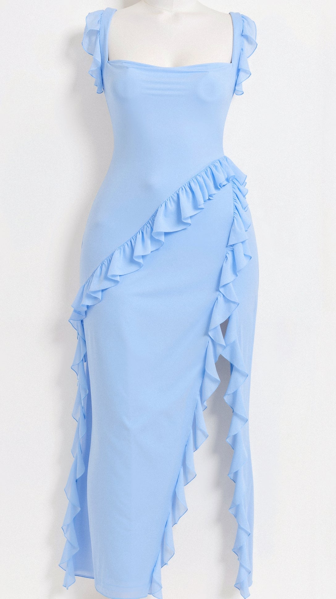 Square Neck Ruffle Strap Wrap Front High Split Ruffle Trim Midi Dress