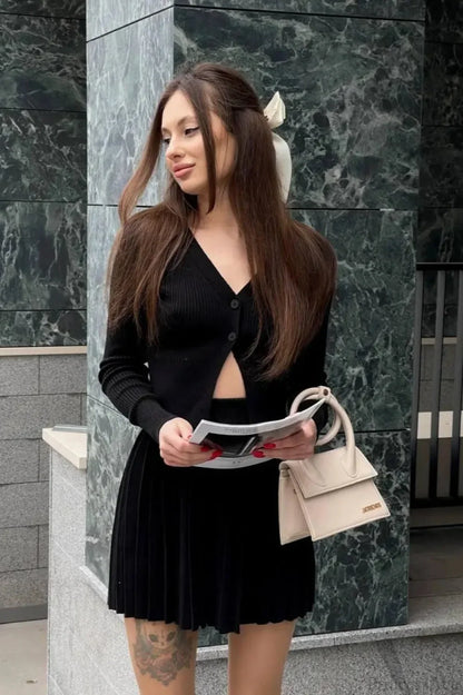 Bodycon Cropped Knit Pleated Two Piece Set