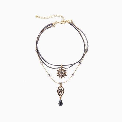 Black Layered Necklace with Rhinestone Pendant Charm