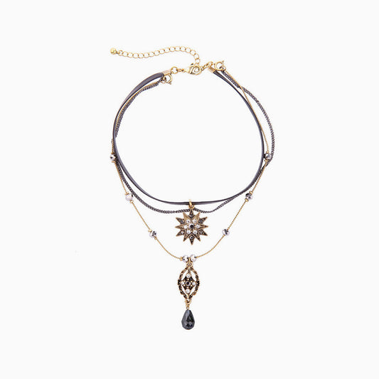 Black Layered Necklace with Rhinestone Pendant Charm