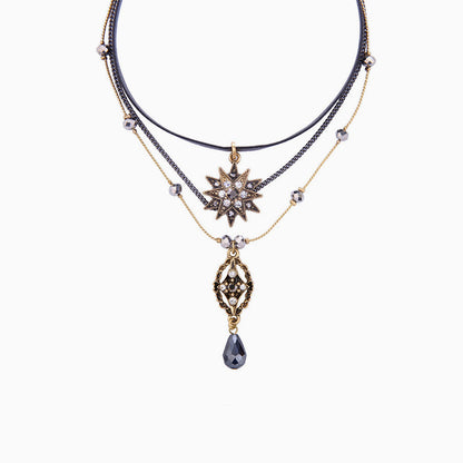 Black Layered Necklace with Rhinestone Pendant Charm
