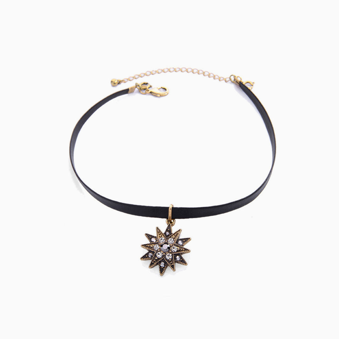 Black Layered Necklace with Rhinestone Pendant Charm