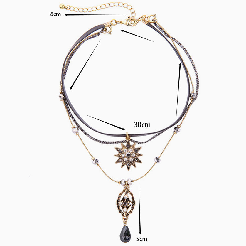 Black Layered Necklace with Rhinestone Pendant Charm