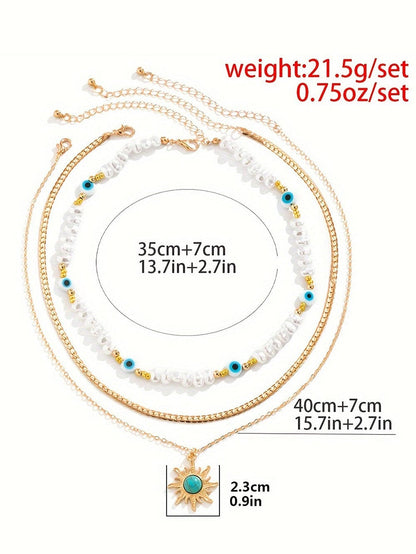 Turquoise and Pearl Layered Necklace with Bohemian Sunburst 디자인