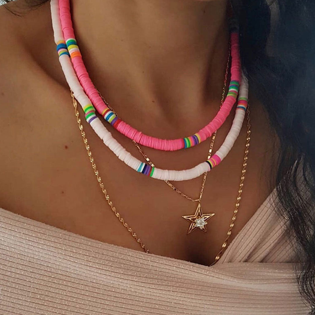 Boho Mixed Color Bead Necklace - Pink Beach Style
