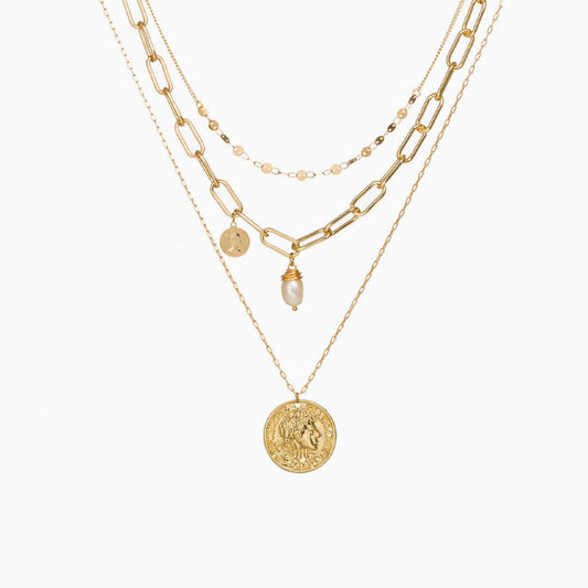 Layered Gold Coin Pendant Chain-Link Necklace