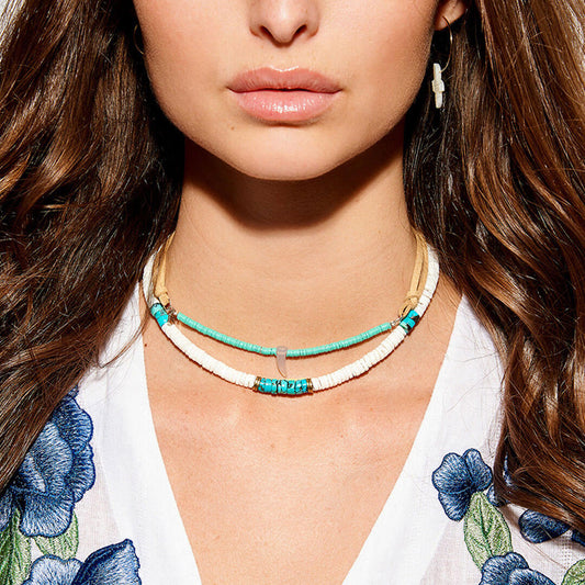 Two Tone Blue Bead Choker Necklace in Boho Tribal Style