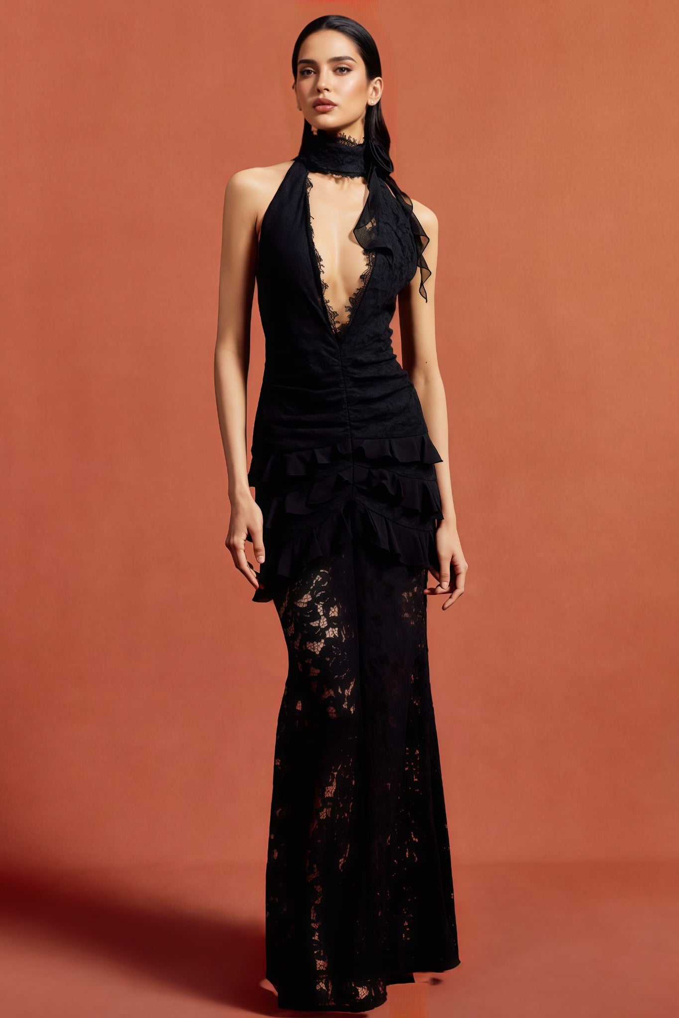 Acsence Lace Halter-Neck Maxi Dress