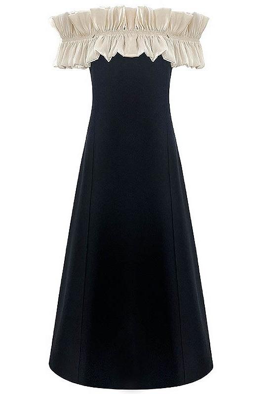 Off-Shoulder Ruffled Pleated Bodice A-Line Midi Dress