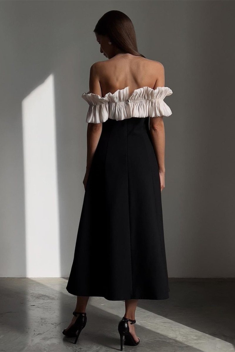 Off-Shoulder Ruffled Pleated Bodice A-Line Midi Dress