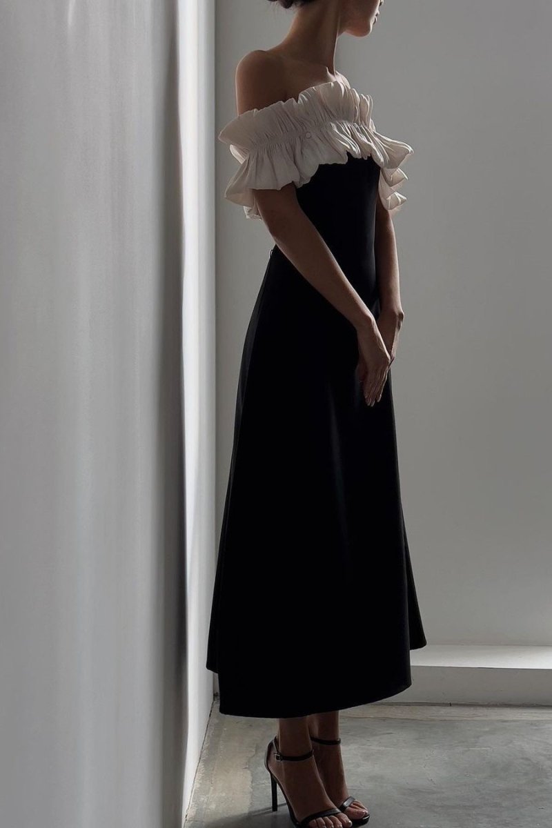 Off-Shoulder Ruffled Pleated Bodice A-Line Midi Dress