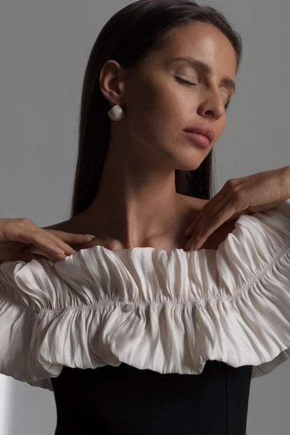 Off-Shoulder Ruffled Pleated Bodice A-Line Midi Dress