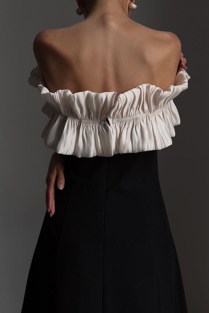 Off-Shoulder Ruffled Pleated Bodice A-Line Midi Dress