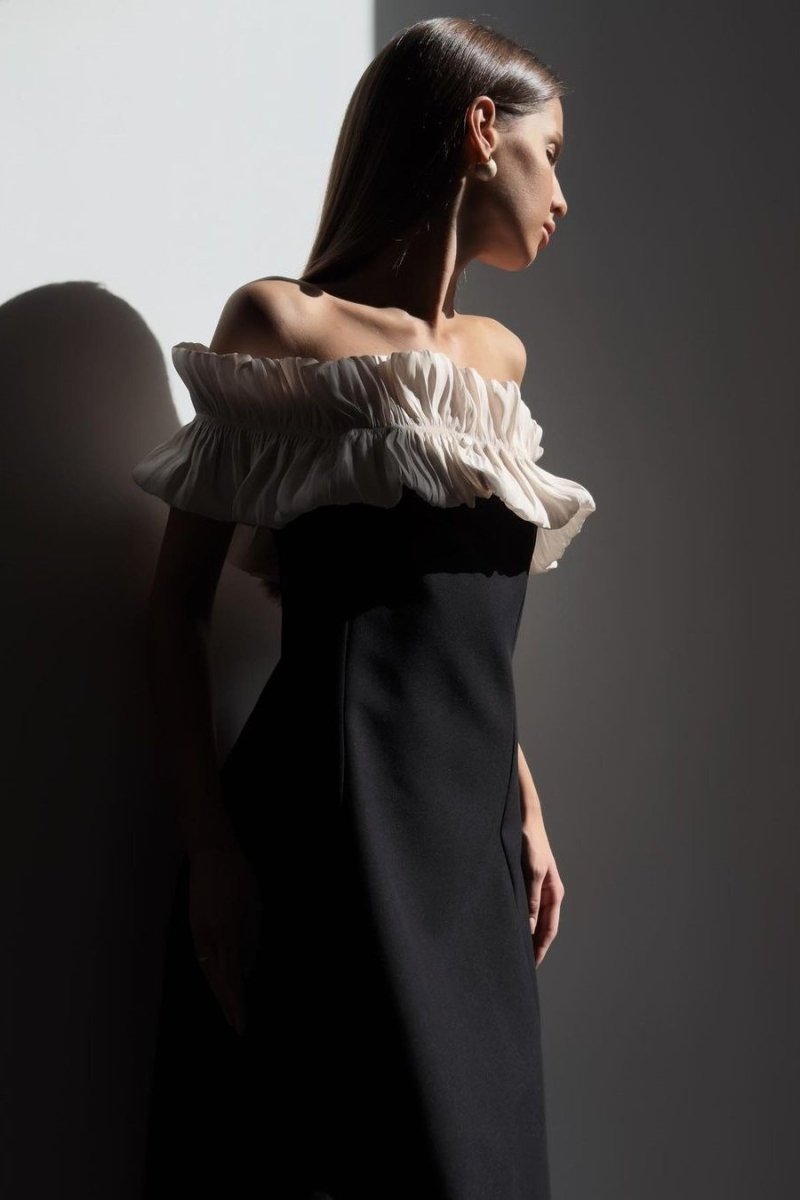 Off-Shoulder Ruffled Pleated Bodice A-Line Midi Dress