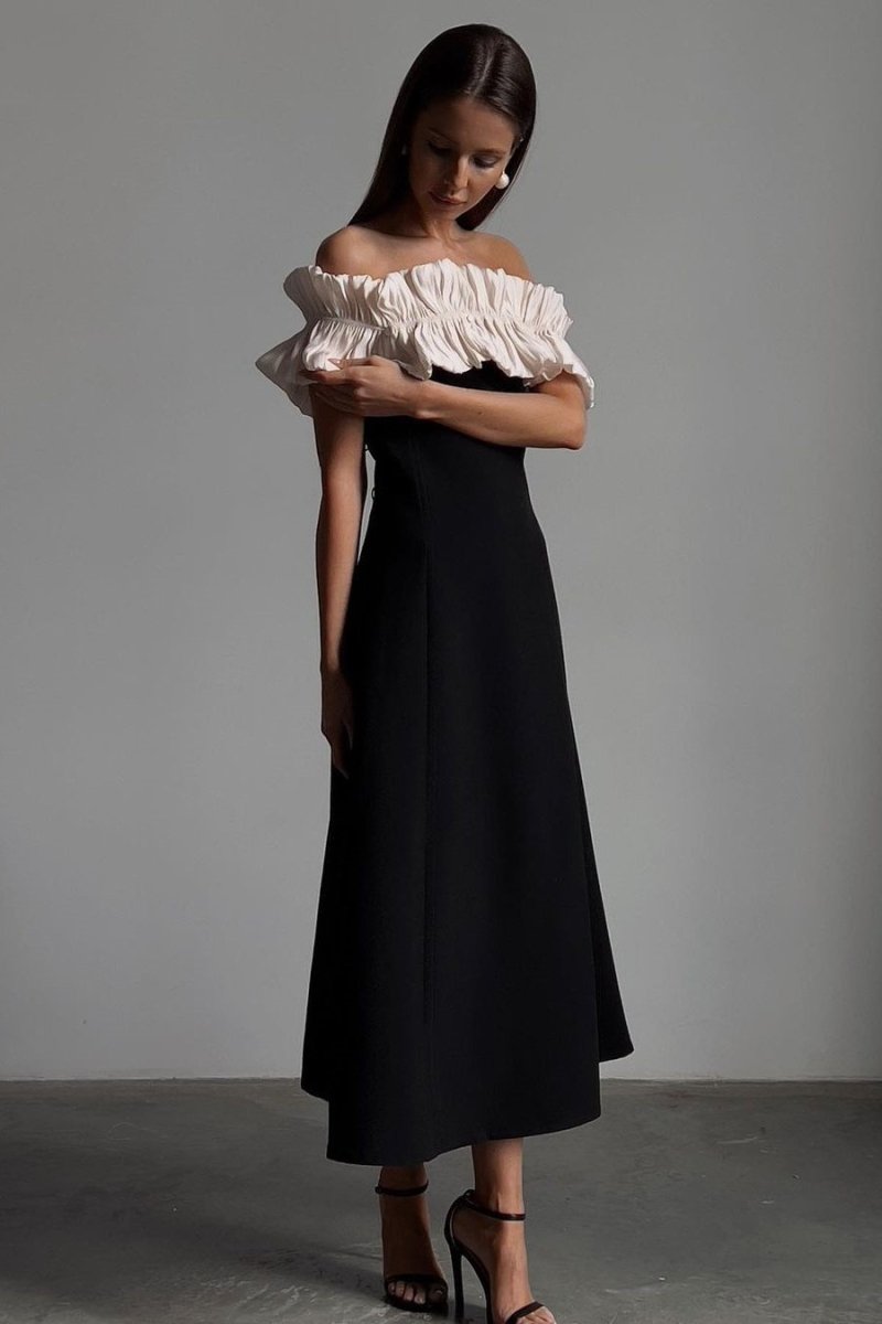 Off-Shoulder Ruffled Pleated Bodice A-Line Midi Dress