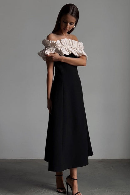 Off-Shoulder Ruffled Pleated Bodice A-Line Midi Dress