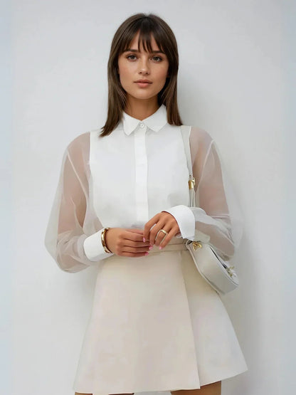 Puff Sleeve Lapel Organza Transparent Top