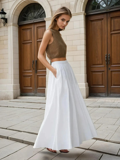 High Waist Casual All-matching Linen Pleated Maxi Skirt