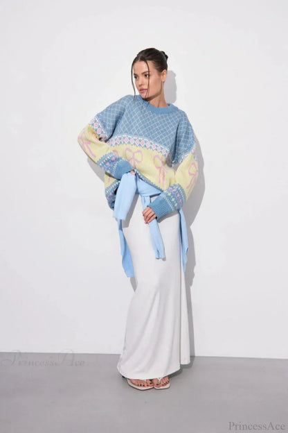 Bow Color Block Crew Neck Outer Wear Warm Lazy Knit Sweater