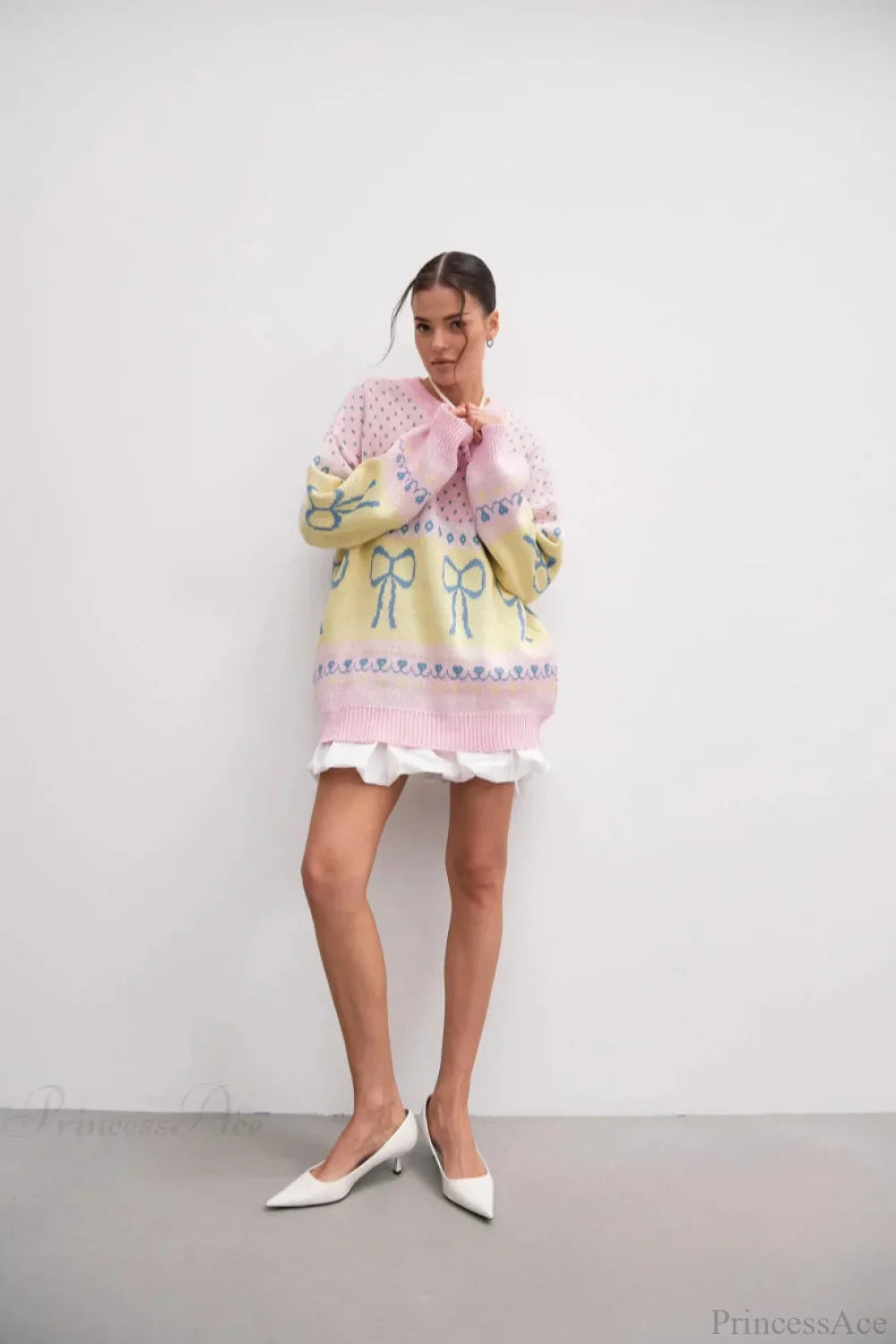 Bow Color Block Crew Neck Outer Wear Warm Lazy Knit Sweater