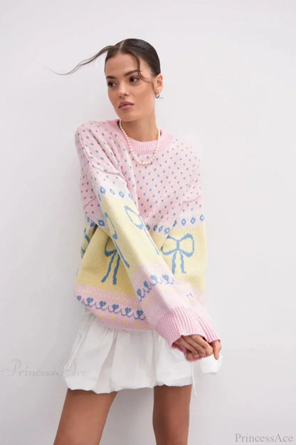 Bow Color Block Crew Neck Outer Wear Warm Lazy Knit Sweater