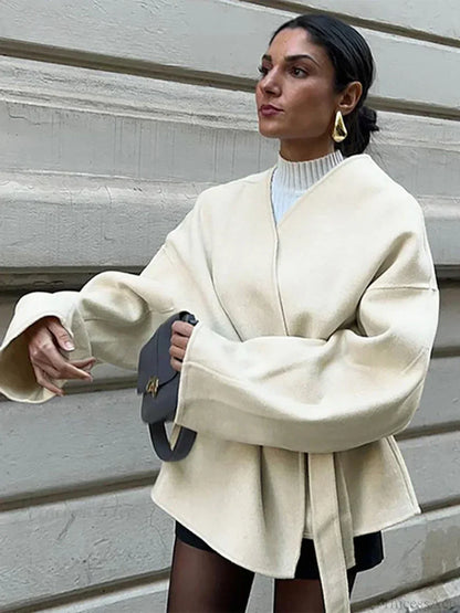 Bow Tie Lace-Up V-Neck Belted Overcoat