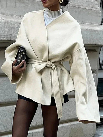 Bow Tie Lace-Up V-Neck Belted Overcoat