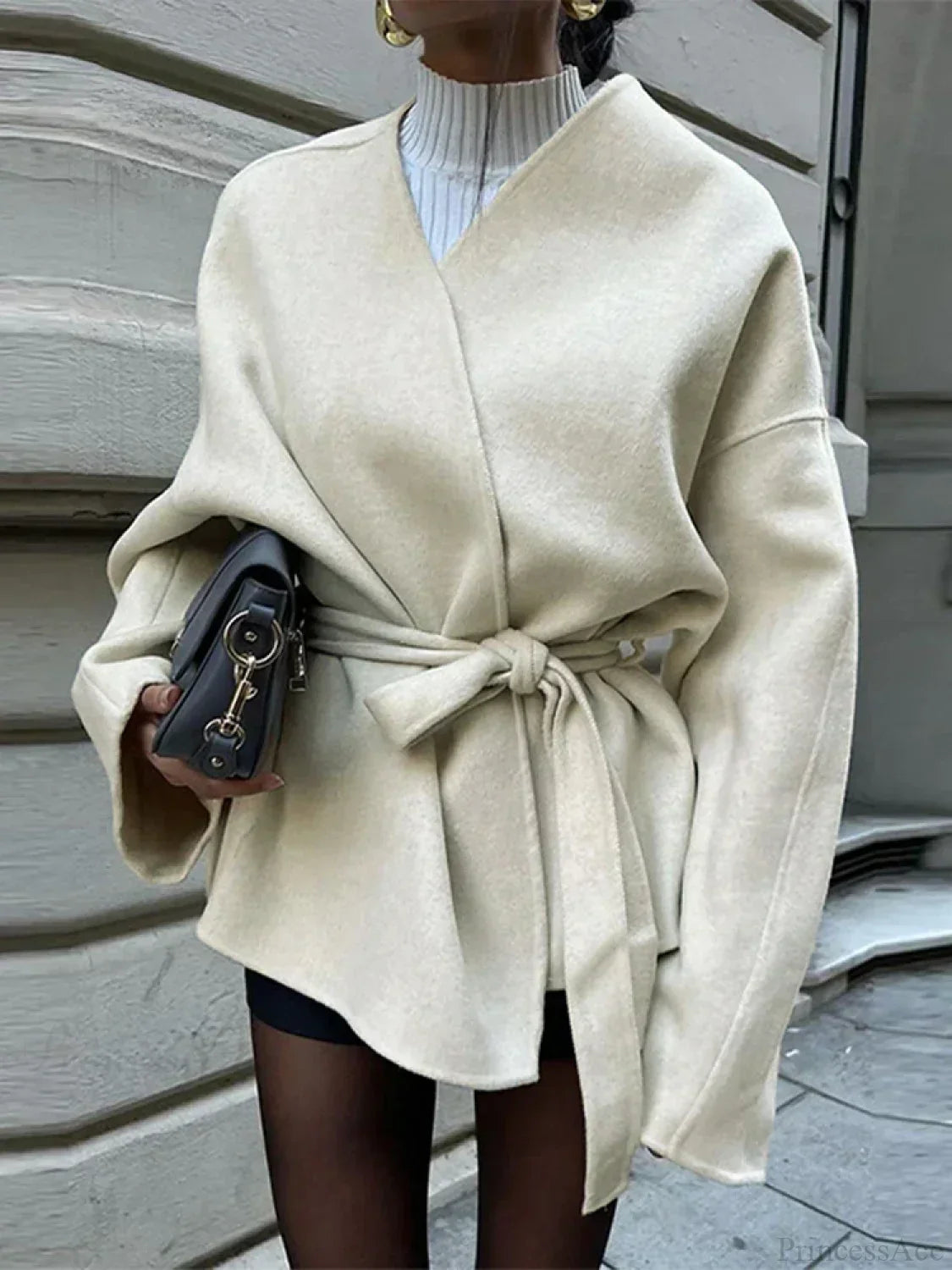 Bow Tie Lace-Up V-Neck Belted Overcoat