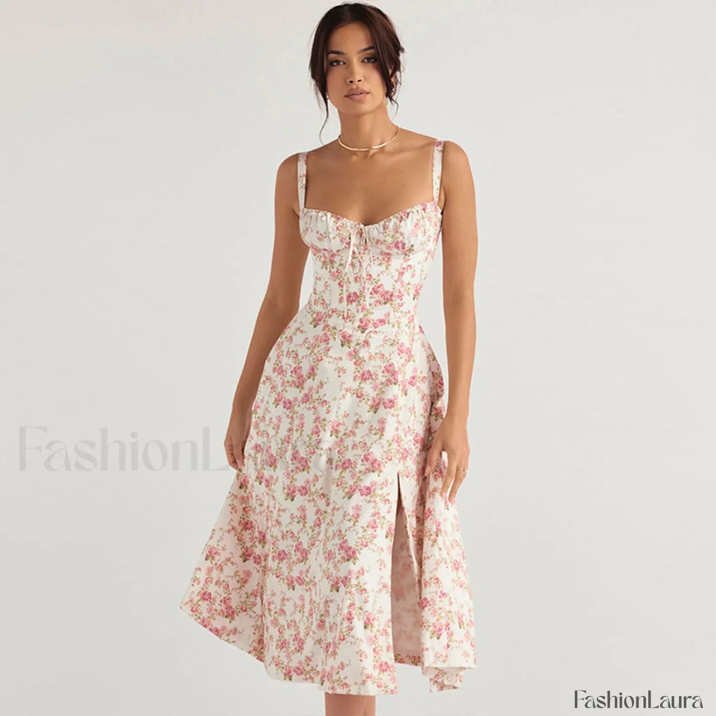 Breezy Floral Printed Lace Up Back Tie String Slit Midi Sundress - Pink