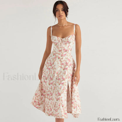 Breezy Floral Printed Lace Up Back Tie String Slit Midi Sundress - Pink