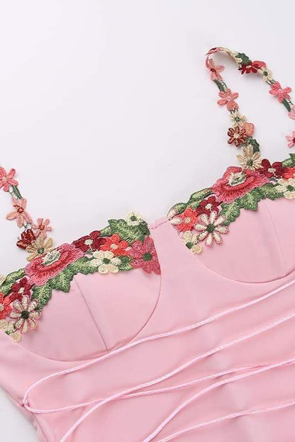 Bustier Sweetheart Floral Embroidery Lace-Up Corset Maxi Dress