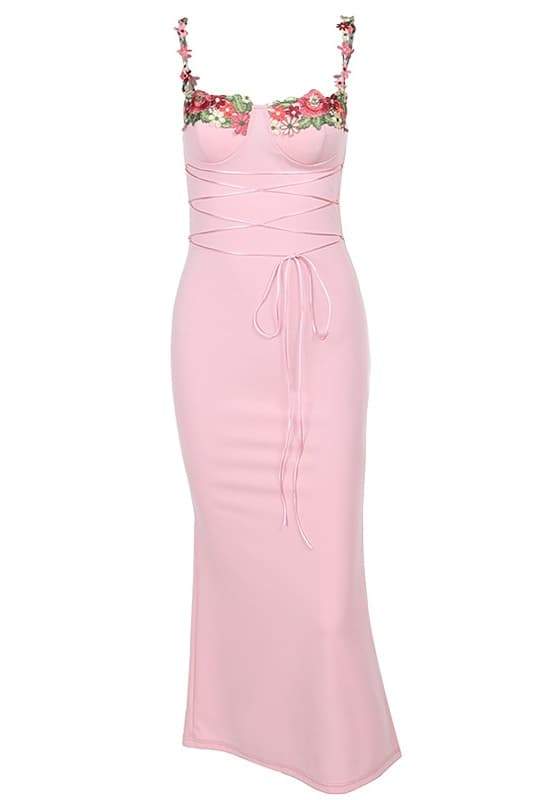Bustier Sweetheart Floral Embroidery Lace-Up Corset Maxi Dress