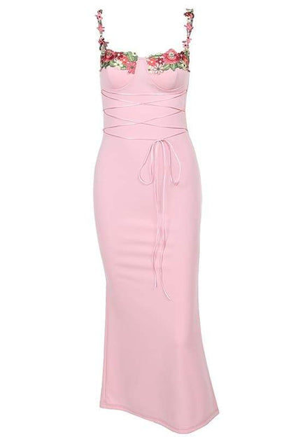 Bustier Sweetheart Floral Embroidery Lace-Up Corset Maxi Dress
