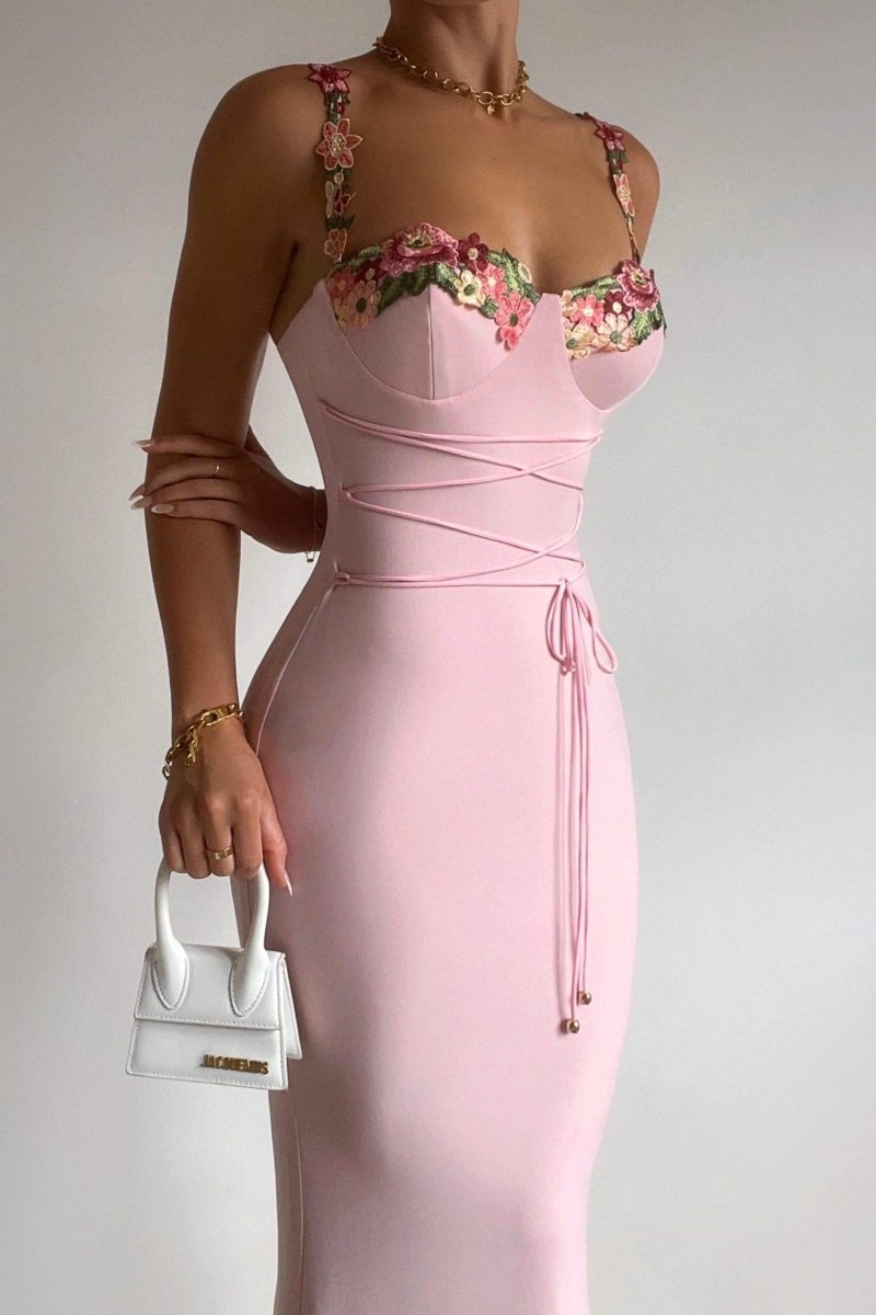 Bustier Sweetheart Floral Embroidery Lace-Up Corset Maxi Dress