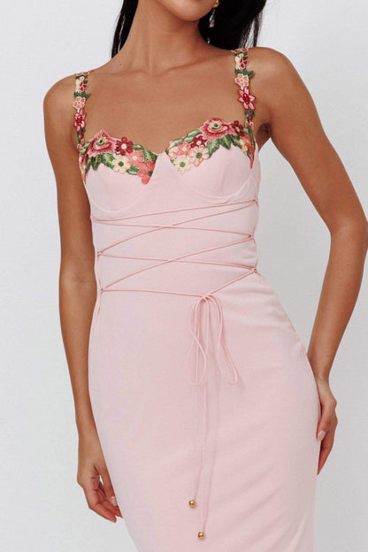 Bustier Sweetheart Floral Embroidery Lace-Up Corset Maxi Dress
