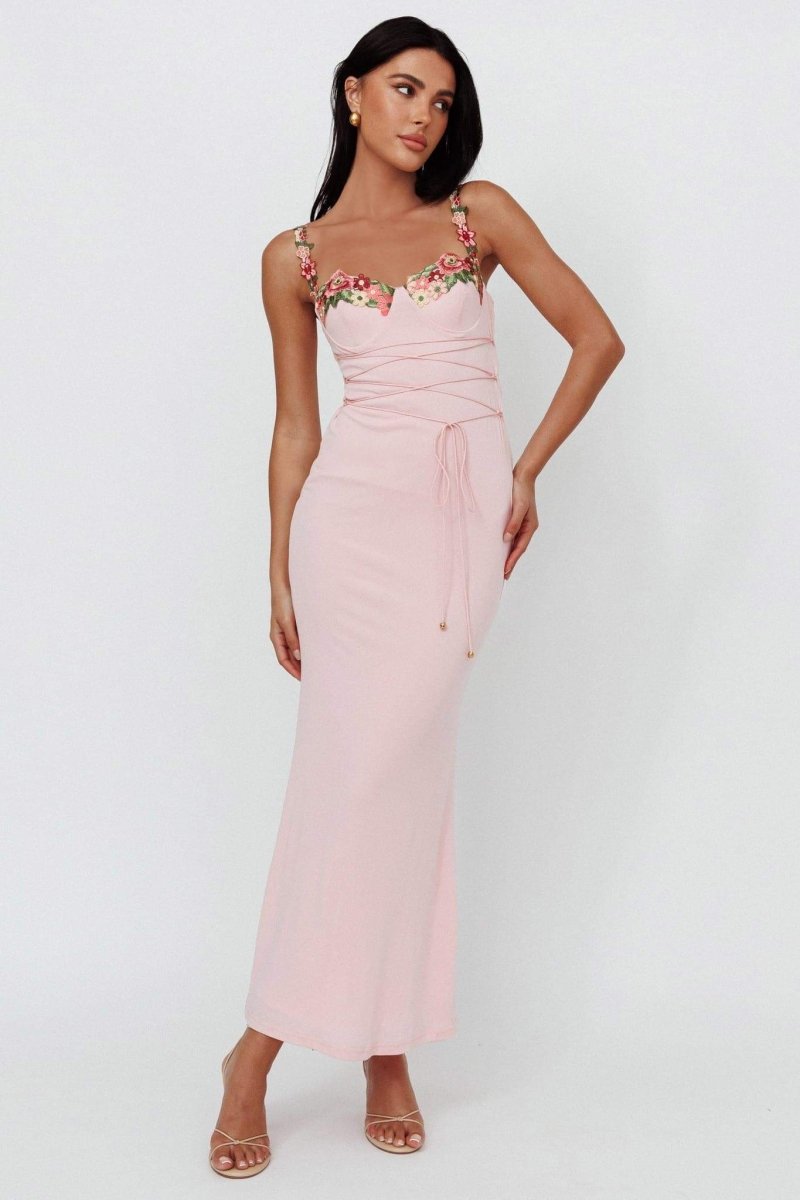 Bustier Sweetheart Floral Embroidery Lace-Up Corset Maxi Dress