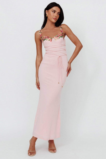 Bustier Sweetheart Floral Embroidery Lace-Up Corset Maxi Dress