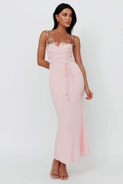 Bustier Sweetheart Floral Embroidery Lace-Up Corset Maxi Dress