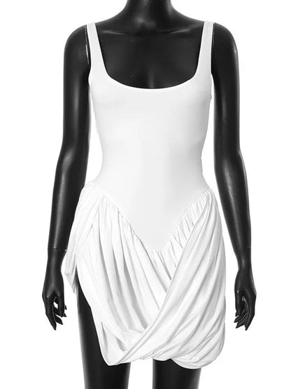 Sleeveless Scoop Neck Draped Tulip Hem Split Mini Dress