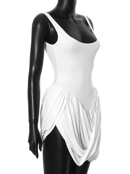 Sleeveless Scoop Neck Draped Tulip Hem Split Mini Dress