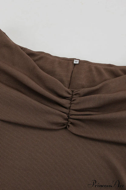 Brown Knit Off Shoulder V Neck Tie Waist A Line Mini Dress