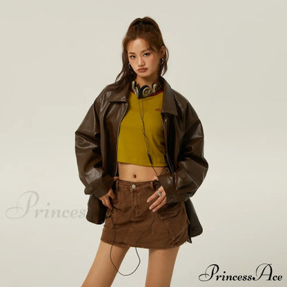 Brown Leather Polo Collar Three-Color Autumn Retro Casual Loose Jacket