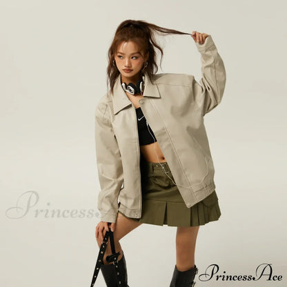 Brown Leather Polo Collar Three-Color Autumn Retro Casual Loose Jacket
