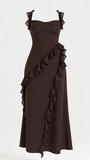Square Neck Ruffle Strap Wrap Front High Split Ruffle Trim Midi Dress