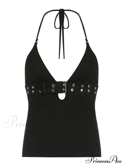 Buckle Strap Black Trendy Bodycon Crop Top
