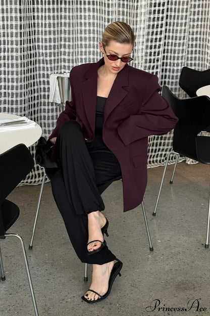 Burgundy Loose Tailored Professional Retro Coat
